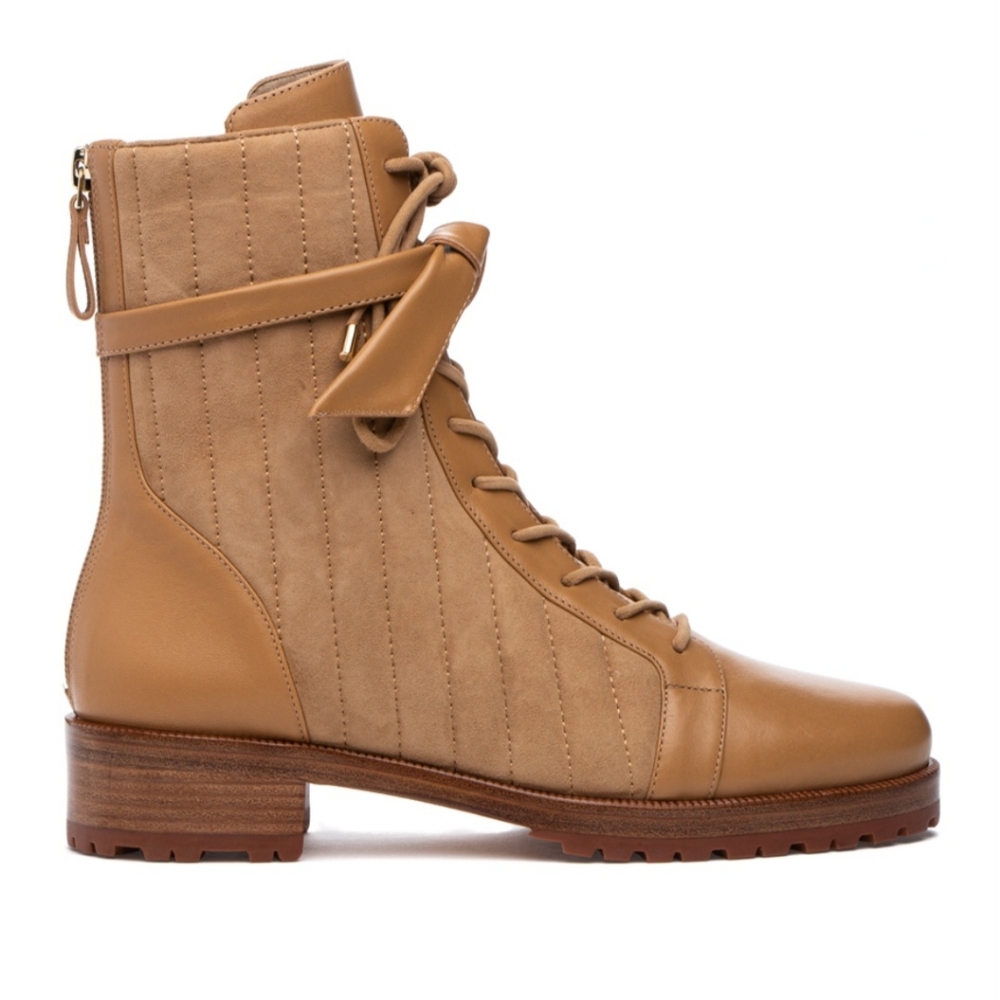 Alexandre Birman Quilted Clarita Combat Boot in Suede (tan).